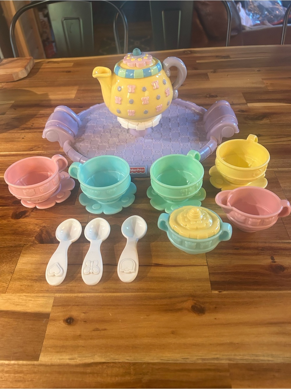 Fisher Price Tea Set Party Teapot Cups Saucers Spoons Vintage Toy 2000